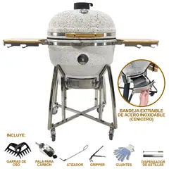 HIGRILL - Kamado 26 Pulgadas Blanco Con Puntos Negros Brillante Premium Con Cenicero Y Herramientas