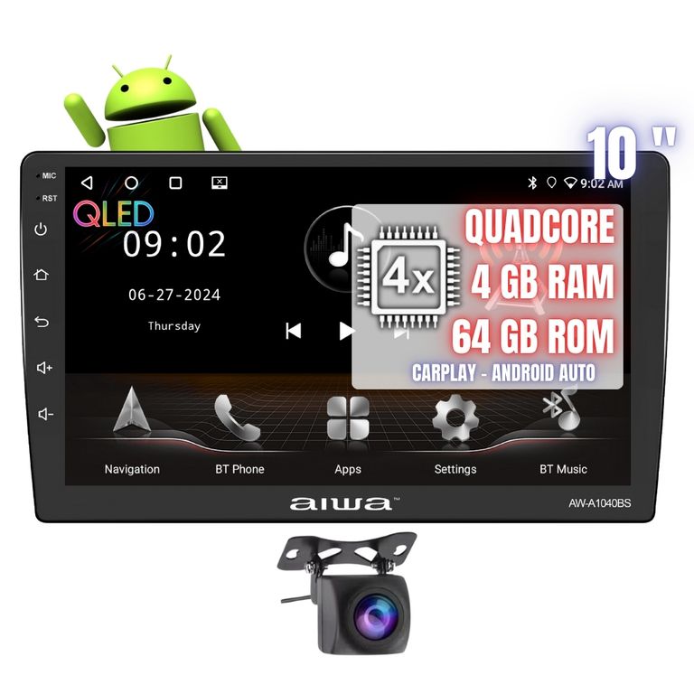 Autoradio Android Aiwa 2 Din 10'' QLED AndroidAuto CarPlay 4GB 64GB con Cámara AW-A1040BS Auto Radio