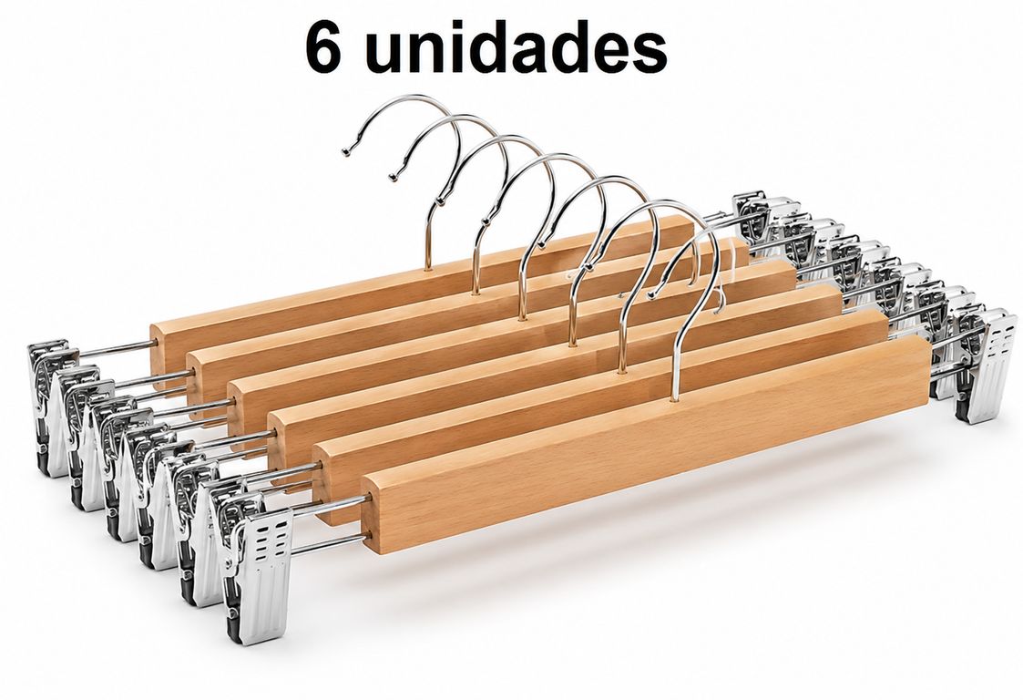 6 Colgadores de Pantalones de Madera con Pinzas Metálicas Ajustables