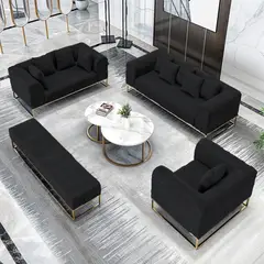 BARAKA HOME - Juego de sala 3 2 1 Dolneni + Banqueta + Mesa de centro - Negro
