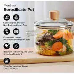 GENERICO - Olla de Vidrio Borosilicato Transparente Resistente al fuego 1.2 L