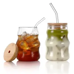 GENERICO - Pack x 2 Vaso de Vidrio Ondulado con sorbete y Tapa de Bambu 500ml