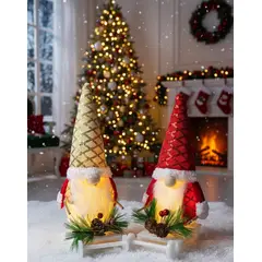 GENERICO - Pareja de Gnomos Muñecos de Navidad Dorado y Rojo con Trineo Blanco