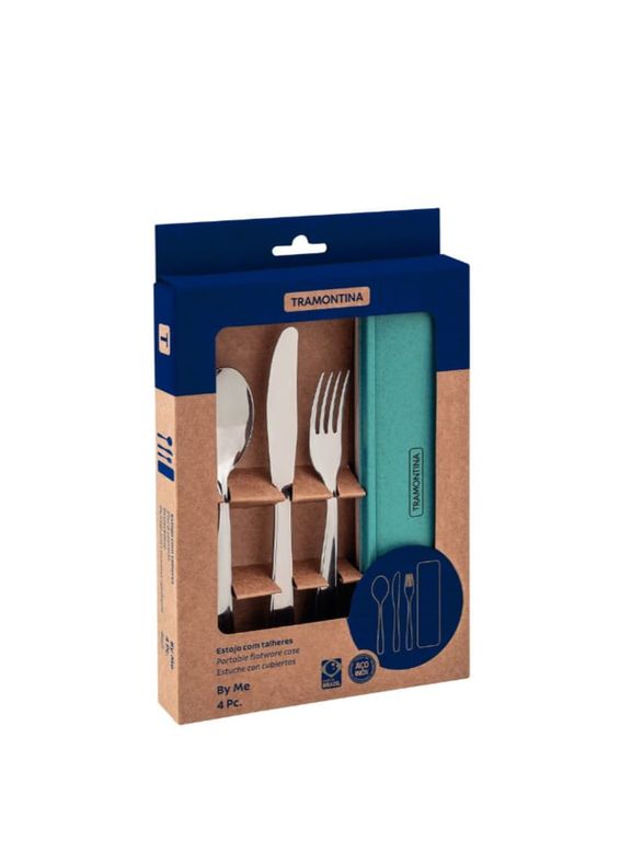 SET DE CUBIERTOS TRAMONTINA 4 PIEZAS ACERO INOX CON ESTUCHE VERDE