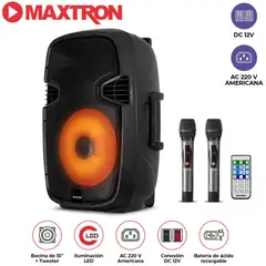 MAXTRON - Parlante Portatil Maxtron MX1550V Full Fiesta 15" USB BT TWS  2 micrófonos inalámbricos