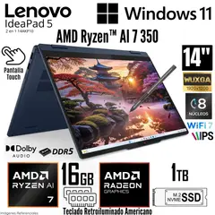 LENOVO - Laptop Lenovo IdeaPad 5 2 en 1 14AKP10 AMD Ryzen AI 7 350 16GB DDR5 RAM 1TB SSD 14"  WUXGA Touch