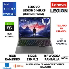LENOVO - LAPTOP LENOVO LEGION 5 16IRX9 CORE I9 14900HX 16GB RAM 512GB SSD 8GB RTX4070 16" FREEDOS LATINA