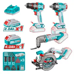 TOTAL TOOLS - Combo 4 en 1 Taladro 66nm + LLave de Impacto 500nm + Sierra Circular 5-1/2 + Herramienta Multi 20v