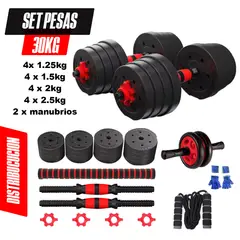 HOLGU - Set 30kg Convertible Barra Y Pesa Rusa + Rueda AB + Soga de Saltar Y Guantes