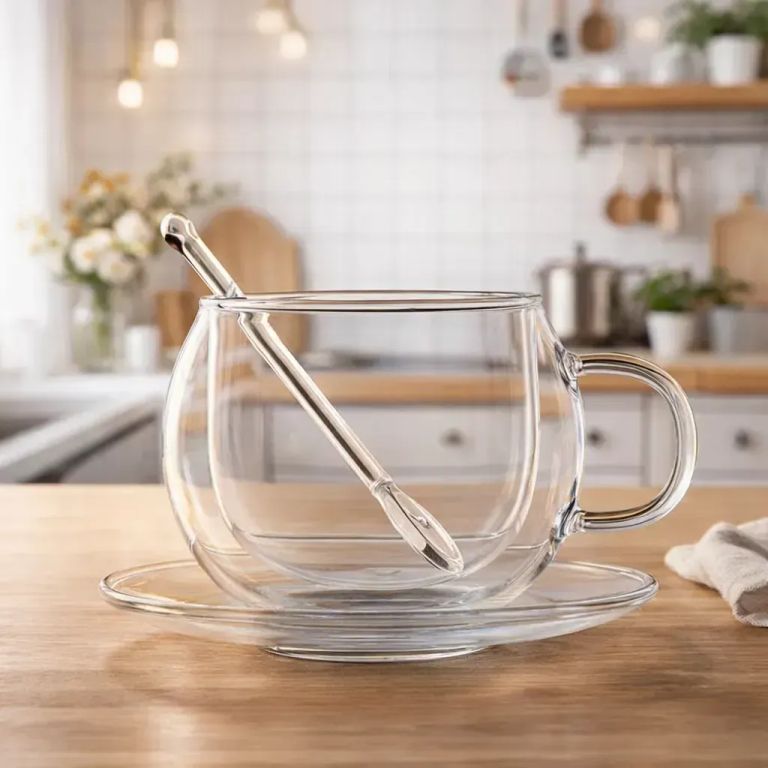 SET 4 TAZAS DOBLE FONDO CON PLATO Y CUCHARA