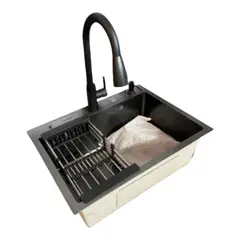 DECOR - Lavadero Multifuncional de Cocina 60x45x23 Mezcladora y porta cuchillos Acero SS304 Plomo Mate
