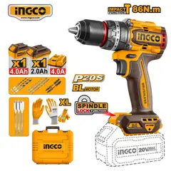 INGCO TOOLS - CIDLI20868 TALADRO CON PERCUTOR 86Nm+ BATERÍA + CARGADOR + BROCAS + MALETIN + GUANTES DE NITRILO XL
