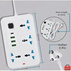 GENERICO - Enchufe Tomacorriente Múltiple Universal 4 Tomas + 3 Puertos USB + 1 Tipo C