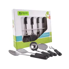 FACUSA - Set de Utensilios x 5 Acero Inox Mango Negro + Colgador Marca
