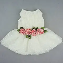 GENERICO - VESTIDO BLANCO DE ENCAJE ELEGANTE PARA PERRO Y GATO CON FLORES EN RASO - XS