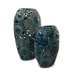 GENERICO - Floreros Oval Floral Azul Set 2 Pzs