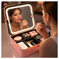 GENERICO - Neceser Maquillaje con Espejo LED  Organizador Cosméticos Portátil Luz Regulable y Batería