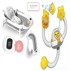 GENERICO - BAÑERA PLEGABLE CON TERMOMETRO + ALMOHADILLA +Juguete Regadera Ducha Bañera Patito Astronauta GRIS