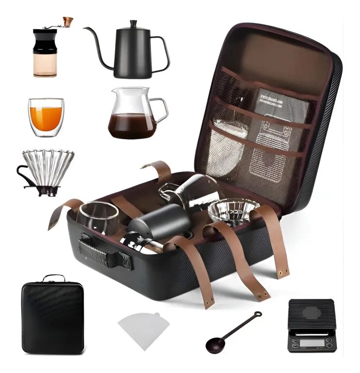 Kit De Cafetera Manual 9 Piezas Portatil Para Camping Viajes Negro