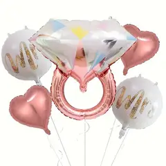 GENERICO - Set x 5 globos anillo oro rosa corazones fiesta de compromiso despedida de soltera