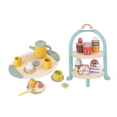 GENERICO - Juego de Té Infantil con Bandeja y Stand de Pastelería - Montessori de Madera