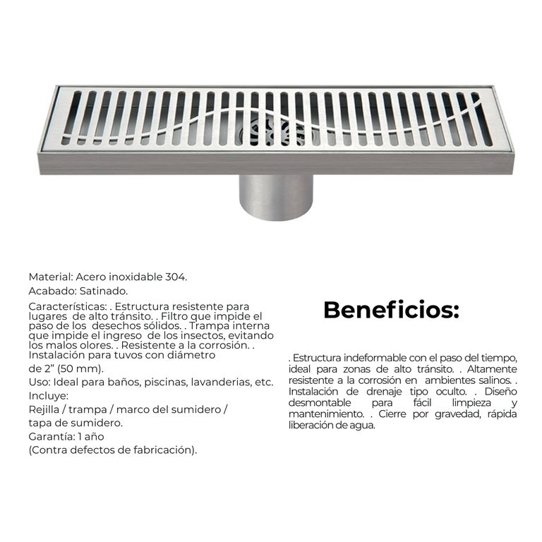 Drenaje o Sumidero Lineal de Lujo en Acero Inoxidable 304 – 30 cm