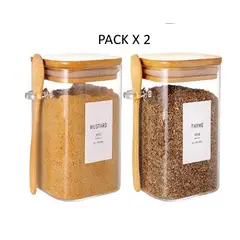 GENERICO - Pack 2 Frascos de Vidrio 250 ml Con Tapa de Bambú y Cucharita.