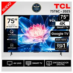 TCL - Televisor QLED 75 pulgadas Smart TV 75T6C 4K UHD Google TV