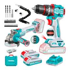 TOTAL - Taladro Percutor 66nm+ Amoladora 115mm Brushless+ Extensor Turquesa 5060hz