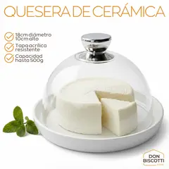 GENERICO - Quesera de Cerámica con Tapa Acrílica Resistente de 18cm Porta Queso - Plato para Quesos Piqueos