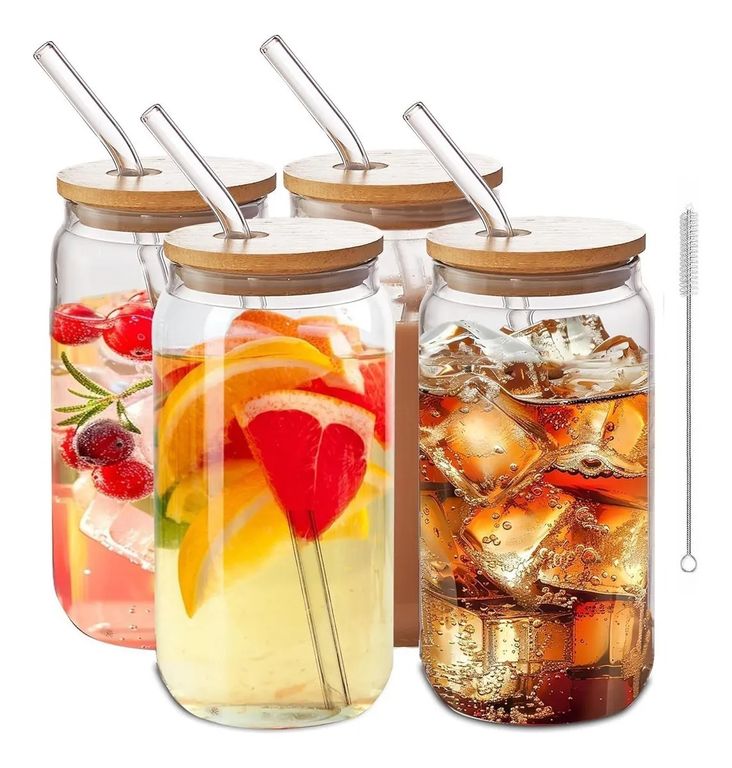 Set X4 Vaso Lata De Vidrio Con Bombilla Tapa De Bambu 500ml