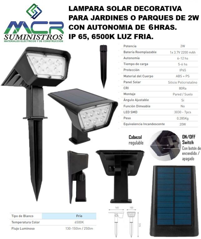 LAMPARA SOLAR DECORATIVA PARA JARDINES O PARQUE DE 2W DE 6 HORAS, 6500K LUZ FRIA. PACK 2UND
