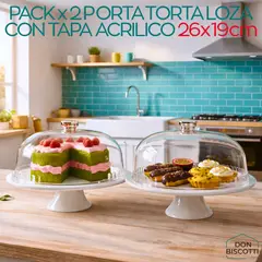GENERICO - Porta Torta Cerámica Loza Blanco con Tapa Acrílica 26cm PACK x2 Expositor Profesional para Postres