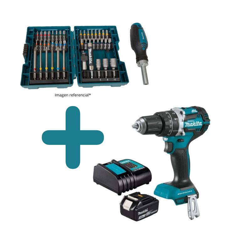 Taladro Percutor 1/2″ 18V LXT BL Incluye 1 Bat y Carg Makita DHP487SF + 1 SET DE ACCESORIOS