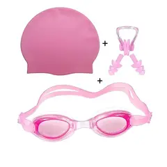GENERICO - KIT DE LENTES NATACIÓN CON TAPON OÍDOS + GORRO LICRA NIÑOS Rosado