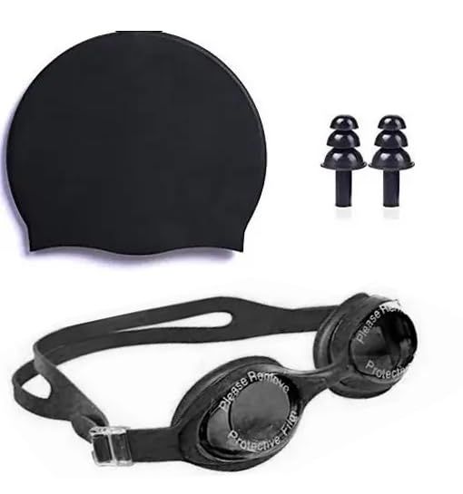 KIT DE LENTES NATACIÓN CON TAPON OÍDOS + GORRO LICRA NIÑOS Negro