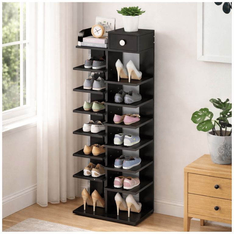 Estante Zapatera organizadora vertical con cajón Negro