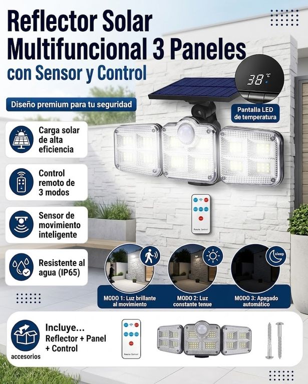 LAMPARA REFLECTOR PARA EXTERIORES TRIPLE CABEZAL PANEL SOLAR CON SENSOR DE MOVIMIENTO MOD FL1725A