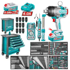 TOTAL - Gabinete metalico 7 cajones + Llave de Impacto 1350nm + 288 herramientas Total