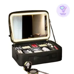 GENERICO - Organizador Neceser Glam con Divisiones + Espejo LED Recargable NEGRO Y ROSA