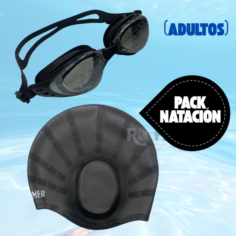 Pack Gorro + Lentes de Piscina Negro UNISEX Ajustable