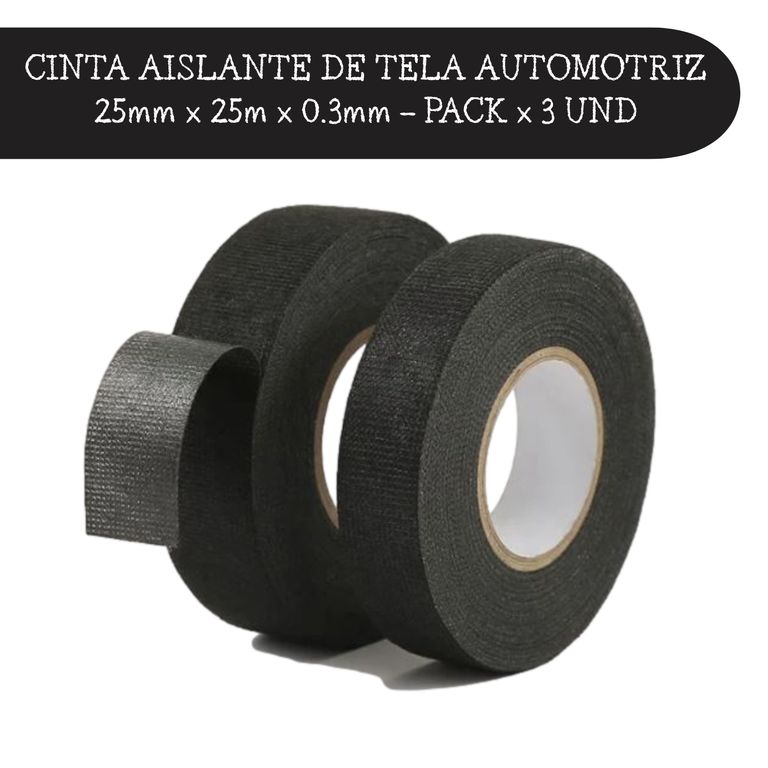 Cinta Aislante de Tela Automotriz Profesional Pack x 3 UND - Alta Resistencia 25mm x 25m