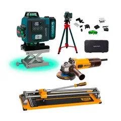 INGCO TOOLS - Combo Nivel Láser 360° + Cortadora De Mayólica + Amoladora