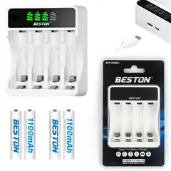 BESTON - Kit Cargador Inteligente de Pilas con Pantalla LCD 4 puestos + 4 pilas AAA Ni-MH