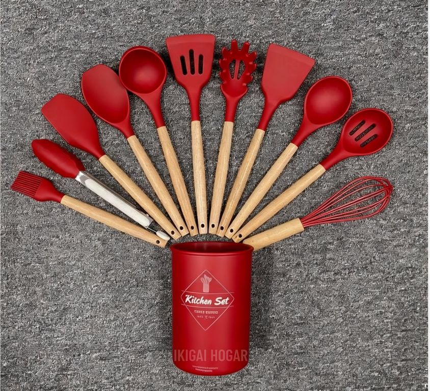 Set De 12 Utensilios De Cocina De Silicona Antiadherente Premium - Color Rojo