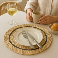 ELMEJORPRECIO - Individual Redondo de Fibra Natural para Mesa Linea Negra