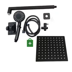 APACHE - COMBO SET Negro Mate Cabezal Ducha 25cm Cuadrado, ducha teléfono 5 funciones +desviador y tubo 40 cm