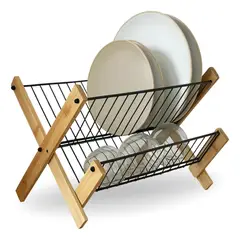 ELMEJORPRECIO - Escurridor de Platos 2 Niveles con Bambú y Metal Lisa