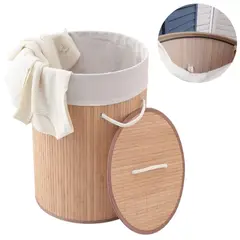 ELMEJORPRECIO - Cesto Organizador de Ropa con Tapa Bambú y Forro Interno Redondo Asa Blanco