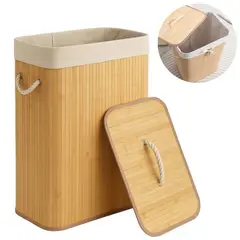 ELMEJORPRECIO - Cesto Organizador de Ropa con Tapa Bambú y Forro Interno Rectangular Asa Blanco